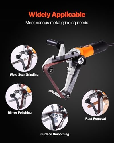 VEVOR 1000W Pipe Belt Sander, 6-Speed Tube Polisher 1100-3200rpm, Handheld Grinding Sanding Tool with 3PCS Sanding Belts, Ideal for Rust Burnishing Finishing Removal