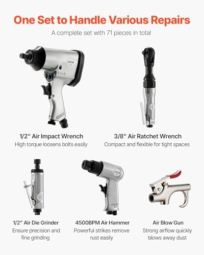 VEVOR 71 Pieces Pro Air Tool and Accessories Kit - 1/2" Air Impact Wrench, 3/8" Ratchet Wrench, 1/2" Die Grinder, 4500BPM Hammer, Blow Gun for Auto Repair, Home DIY Project - Storage Case Included