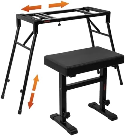 STRICH Collapsible Piano Keyboard Stand & Bench Set, Portable Digital Piano Stand for 54-88 Key Electric Pianos & Adjustable Piano Bench, Music Keyboard Bench Seat, Chair, Black, SKT-01 & SPB-M60