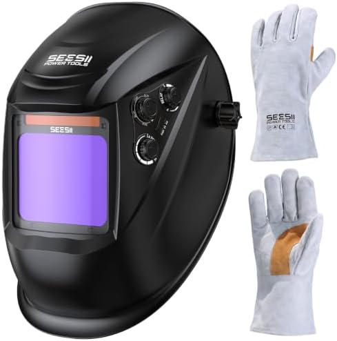 SEESII Large View Welding Hood with Welding Gloves, 3.93"x3.81" True Color Welding Helmet, 1/1/1/1 Auto Darkening with 4 Arc Sensors, 13-Inch Heat Resistant Full Protection for TIG MIG ARC