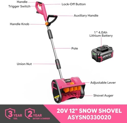 SnapFresh Cordless Snow Shovel, 12 Inch 20V Cordless Snow Shovel with 4000mAh Battery & Fast Charger(Pink)