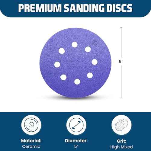 Benchmark Abrasives 5 Inch Sanding Discs Hook and Loop, Ceramic 8 Holes Adhesive Sandpaper for Surface Blending, Automotive - Orbital Sander Sandpaper (50 Discs) (Mixed High Grits)