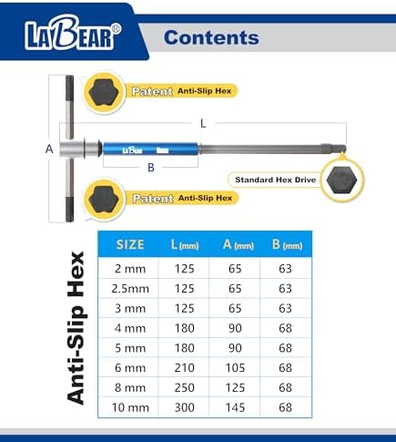 LABEAR 6-Piece Metric Sliding T-Handle Hex Wrench Set, 2-8mm | 360 degree spinning sleeve, 3 lock positions, Cr-V steel, anti-slip tips