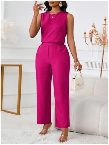 Floerns Women's 2 Piece Sets Dressy Outfits Bussiness casual Crew Neck Sleeveless Blouse and Elegant Pants Set