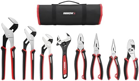 ARROW 8-Piece Pliers and Wrench Set, Pliers Kit with Roll-Up Pouch | 12"/10"/8" Groove Joint Pliers, 8" & 6" Long Needle Nose, 8" Linesman, 6" Slip Joint, 8" Adjustable Wrench, TPR Handles