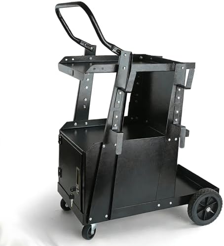 Welding Cart, 2-Tier Heavy Duty Welder Cart with 265LBS Load Capacity, Lockable Anti-Theft Cabinet, Dual Cylinder Slots & Safety Chains, 360° Swivel Wheels for TIG/ARC/Plasma Cutters