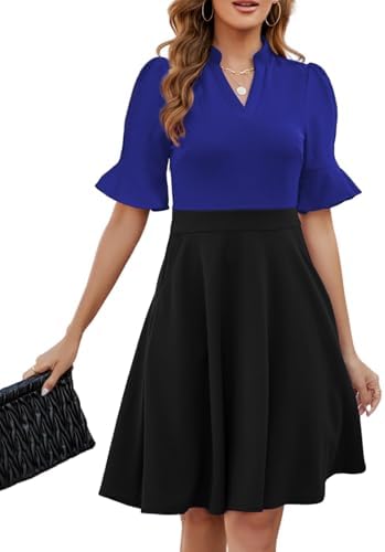 Mokayee Womens Summer V Neck Ruffle Short Sleeve Fit and Flare Knee Length Church Wedding Guest Dresses with Pockets