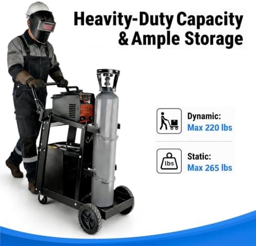 Welding Cart, 2-Tier 4-Drawer Welder Cart with 265LBS Load Capacity, Dual Cylinder Slots & Safety Chains, 360° Swivel Wheels, Heavy Duty Rolling Cart for MIG Welder & Plasma Cutter
