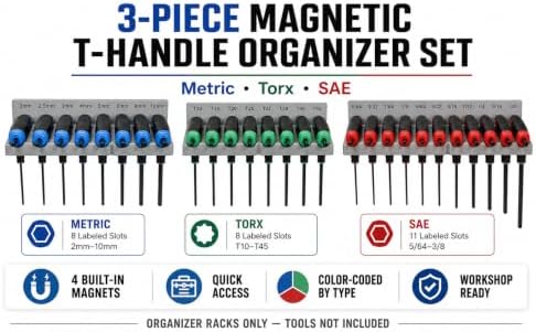 Magnetic T-Handle Hex Key Organizer Rack - Wrench Organizer for Garage, Tool Cart, or Workshop – Compatible with Toolboxes and Storage Systems - sae/metric/torx (Metric, SAE, and Torx)
