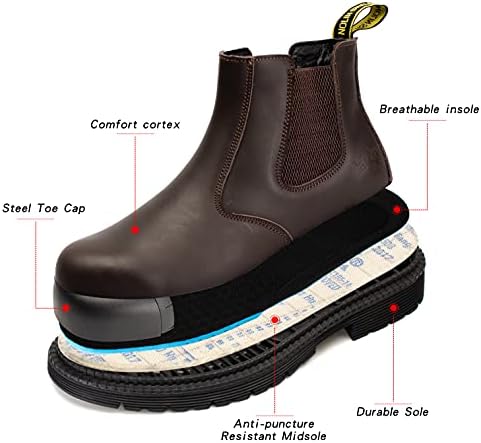 NOLINSHIELD Mens Steel Toe Work Boots Slip On Chelsea Safety Shoes