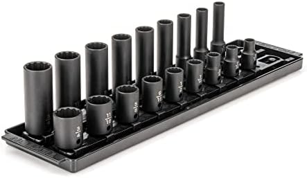 TEKTON 3/8 Inch Drive Impact Socket Set, 18-Piece | SID91212 | (5/16 - 3/4 in.), Shallow and Deep, 12-Point, Socket Rail
