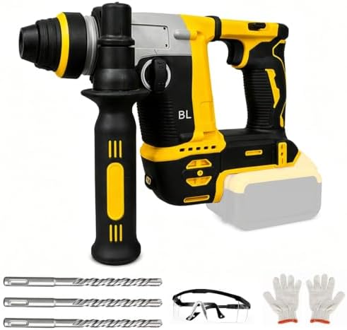 Cordless Hammer Drill for Dewalt Battery, SDS Plus Brushless Rotary Hammer Drill with 2 Mode Operation, 3 Drill Bits, Safety Goggles and Gloves, Suitable for Concrete, Masonry, Wood, Metal(No Battery)