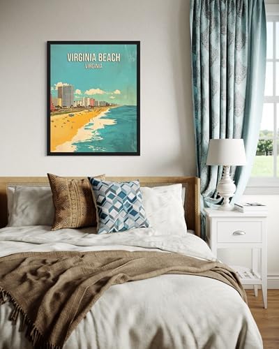 Virginia Beach Virginia Black Framed Wall Art Print Poster, US Vintage Retro Beach Scenery Posters Prints for Restroom Home Picture Painting Artwork Gallery 219 (Virginia Beach Virginia, 24"L x 18"W, Black Frame)