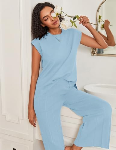 Ekouaer Lounge Sets for Women Two Piece Outfits Knit Cap Sleeve Tops Wide Leg Pleated Pants Casual Dressy Sweater Sets