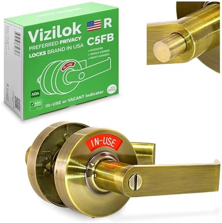 VIZILOK ADA Compliant Indicator Privacy Lock C5FB-R Durable ANSI GRADE2 comp Commercial Right Handed Non Reversible in-USE or Vacant Indicator Push Button Lever - Antique Brass