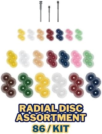 Dedeco Sunburst Radial Bristle Discs - 7/8" Curved - 1/16" Arbor - Assortment Kit - 86 Total Pieces for Precision Cleaning, Buffer, Polish, & Finish