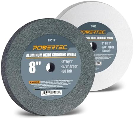 POWERTEC Bench Grinder Wheel 8 Inch 60 & 120 Grit, White Aluminum Oxide Grinding Wheel for Bench and Pedestal Grinder, 1" Thick 5/8" Arbor, Sharpening & Shaping Drill Bits, Blade, Chisel, 2PK (15549)