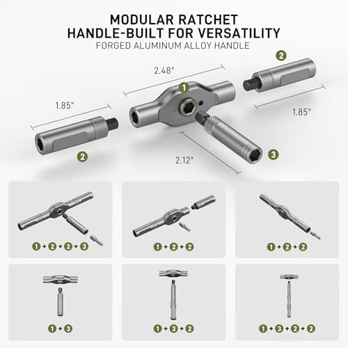 42 in 1 Magnetic Ratcheting Screwdriver Set with T Handle | T Handle Allen Wrench Set, Multi Tool Set with Case for Electronics, Furniture, Bicycle & DIY Repair, Army Green