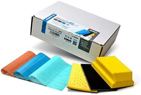 Super Assilex Flexible Sanding Sheet Production Starter Kit, SP19124, K240 - K600, 15 Sheets + 1 Hand Block & Interface Pad + 1 Hard Hand Pad