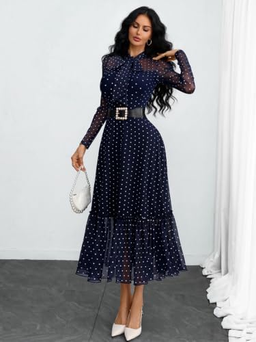 GothDark Polka dot Dress for Women Tie Neck Bow Ruffle Fall Vintage Dress
