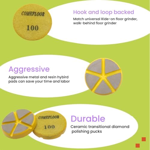 Hybrid Ceramic Transitional Diamond Polishing Pucks for Concrete Terrazzo Floor, 3 Inch Hook and Loop Aggressive Floor Grinding Discs, 100# 9PCS