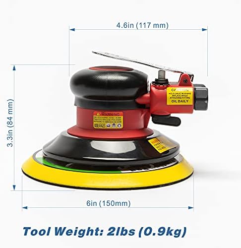 6 inch Air Random Orbital Sander, MAX 12000 RPM 3/16" Orbit Heavy Duty Dual Action Pneumatic Palm Sander, for Auto Body Woodworking Metal, with 10 Sandpapers & Extra Backing Pad