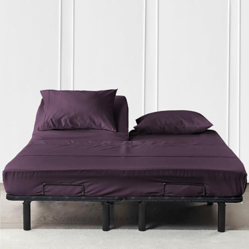 JS Sanders Collection 600TC Flex Top Queen Sheets for Sleep Number Bed - 100% Cotton 4 Pcs Top Split Queen Sheets for Adjustable Bed Queen 32 Inch Down Plum -18 Inch Deep