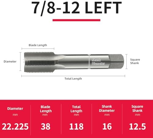7/8-12 Left Hand Straight Flute Thread Tap Machine Tap HSS (High Speed Steel) Threading Tapping Repair Tools DRINYOUNG (7/8-12 Left)