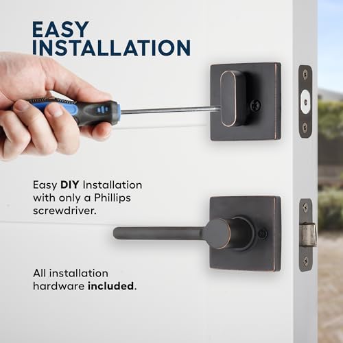 BRINKS Contemporary Keyed Entry Door Handleset with Lever and Deadbolt, Modern Front Door Lock Set, Easy Install, Pick-Resistant (Straight Lever, Tuscan Bronze)