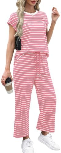 WIHOLL Two Piece Sets for Women Summer Spring Travel Vacation Outfits Cap Sleeve Lounge Matching Sets Wide Leg Pants S-3XL