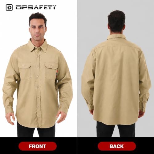 FR Shirt 7oz Fire Resistant Shirts Men's,CAT2 Welding Shirt 100% Cotton Flame Resistant Shirts Khaki (5X-Large)