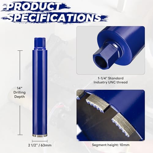 2-1/2 Inch Core Drill Bit for Concrete with Rebar - 14" Depth, 1-1/4"-7 UNC, Wet Use Coring Bit, Upgraded Welded Teeth for Brick, Block, Masonry, Stucco, Alsphalt - Great for DIY & Pros (63mm)