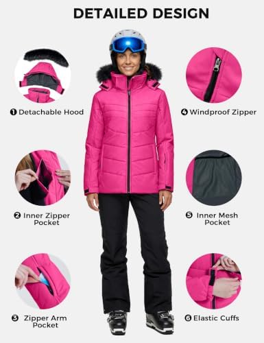 Skieer Women's Ski Jacket Waterproof Warm Puffer Thick Hooded Winter Coat