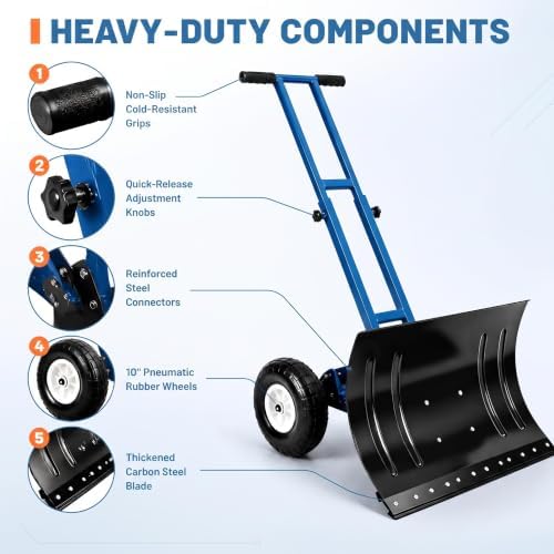 GarveeLife Wheeled Snow Shovel - 29in Steel Blade, 10in Wheels Deep Blue