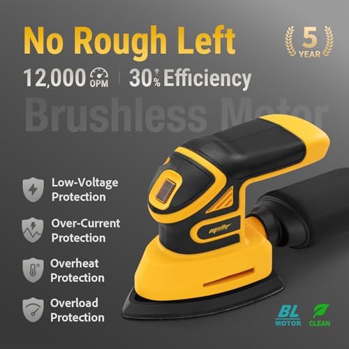 Brushless Cordless Detail Sander Compatible with Dewalt 20V MAX Battery (TOOL ONLY), Lightweight Corner Sander with Dust Box & 10 Sandpapers, 12,000 OPM Compact Power Tool for Wood, Metal & DIY