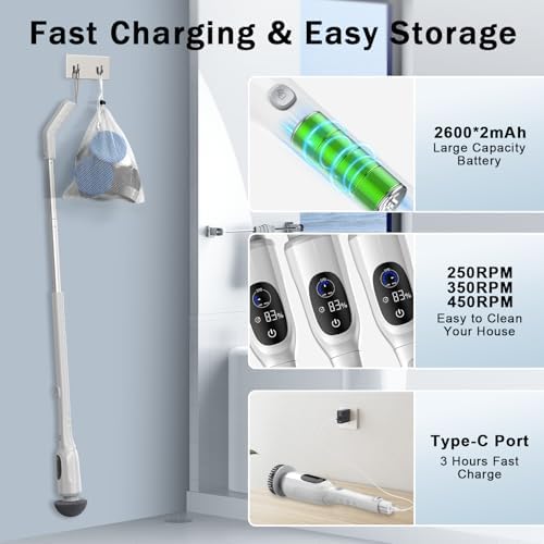 Electric Spin Scrubber, Cordless Power Scrubber with Adjustable Long Handle, 3 Speeds with IPX7 Shower Scrubber, 8 Brush Heads, Electric Cleaning Brush for Bathroom/Kitchen/Bathtub/Crack/Floor/Car