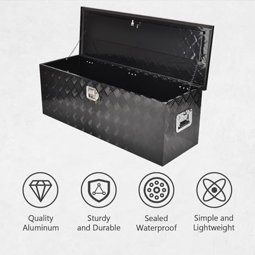 44 Inch Heavy Duty Aluminum Truck Tool Box Pick Up Truck Bed RV Trailer Toolbox Storage Organizer with Side Handle, Lock & Keys，Black,5 Bar Tread 44"(L) X15''(W) X15(H) Storage Box