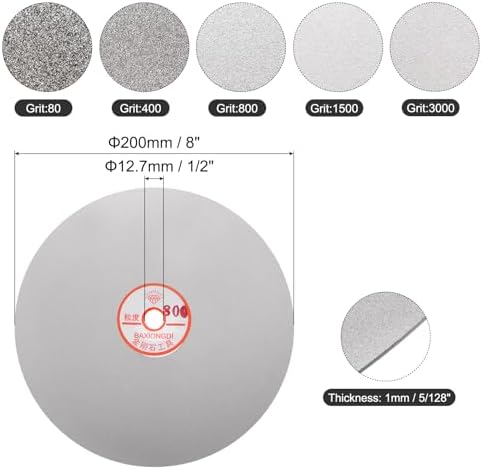 uxcell 5pcs Diamond Sanding Grinding Disc Set, 8-Inch (200mm) Grit 80/400/800/1500/3000 1/2" Arbor Hole, Flat Lap Wheel Polishing Discs for Gemstone Tile Glass Stone Metal