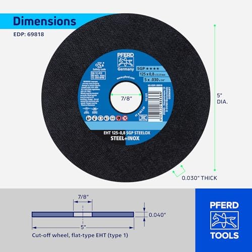 Pferd SGP STEELOX Type 1 Cut-Off Wheel, 5" x 0.030" x 7/8", Aluminum Oxide, 12,200 RPM High-Performance Metal Cutting Disc for Steel & Stainless Steel (Pack of 25) – Part 69818