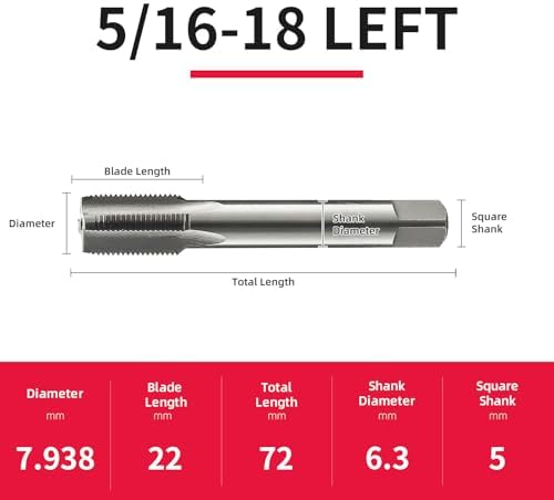 5/16-18 Left Hand Straight Flute Thread Tap Machine Tap HSS (High Speed Steel) Threading Tapping Repair Tools DRINYOUNG (5/16-18 Left)