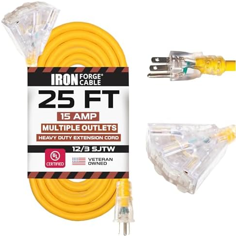 Iron Forge Cable 12 Gauge Extension Cord Multi Outlet, 25 Ft - Yellow SJTW