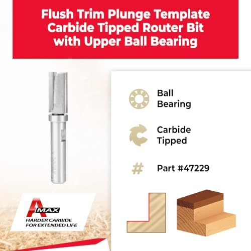 Amana Tool 47229 Carbide Tipped Flush Trim Plunge Template 5/8 D x 1-1/4 Inch CH x 1/2 SHK w/Upper Ball Bearing Router Bit