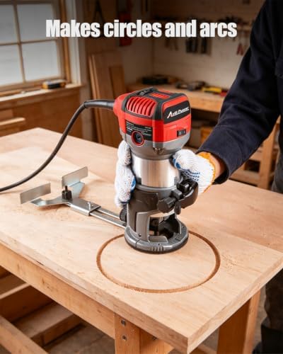 AVID POWER 6.5 Amp 1.25 HP Compact Router Tools for Woodworking, Fixed Base Wood Router with Trim Router Bits, 6 Variable Speeds, Edge Guide, Roller Guide, Dust Hood (Red, 65mm)