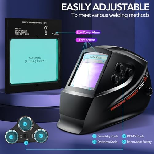 TRQWH Welding Helmet Auto Darkening Large Viewing True Color Solar Powered Welding Mask with 4 Arc Sensor Adjustable Wide Shade Range 4~5-8/9-13 Welder Mask