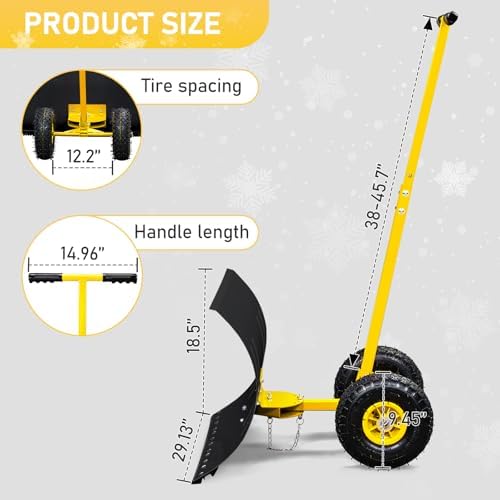 VINGLI Snow Pusher Shovel with Wheels, 29" Adjustable Ergonomic T-Handle Snow Plow for Driveway, Heavy Duty Wheeled Rolling Shovels for Snow Removal, Angle Adjustable (Black & Yellow)