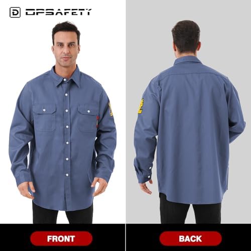 FR Shirts for Men 7oz Hi Vis Fire Resistant Shirts CAT2 Welding Shirt 100% Cotton Flame Resistant Shirt Light Blue(3X-Large)