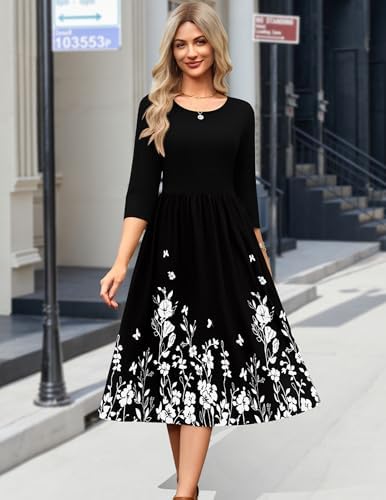 Zeagoo 3/4 Sleeve Women's Dress Casual Aline Summer Fall Midi Long Dresses