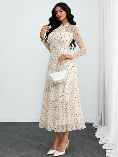 GothDark Polka dot Dress for Women Tie Neck Bow Ruffle Fall Vintage Dress