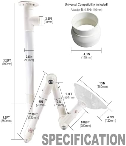 Universal Fume Extractor Arm 90mm 110mm Compatible, 3-Section 360° Rotatable Lab Fume Hood Snorkel, Ceiling or Wall Mountable for Lab,Moxibustion, Soldering, Industrial (White-Transparent)