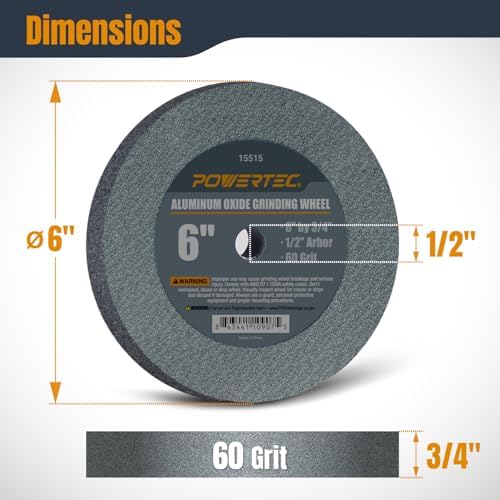 POWERTEC Bench Grinder Wheel 6 Inch 60 Grit, Aluminum Oxide Grinding Wheel for Bench Pedestal Grinder, 3/4" Thick 1/2" Arbor, Sharpening & Shaping Drill Bits, Blade, and Chisel 2PK (15515-P2)